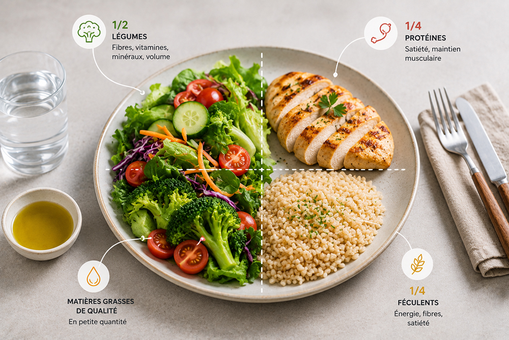 Lorsqu'on souhaite perdre du poids, il est facile de se focaliser sur le nombre de calories, les grammes de protéines ou les aliments à éviter. Pourtant, une question revient souvent au moment des repas : comment remplir concrètement son assiette ?